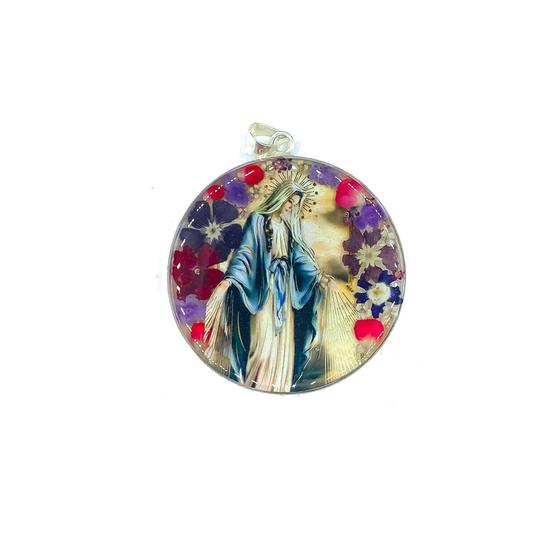 Our Lady Grace Round Medallion w/ Pressed Flowers 2.4" x 2.4" - Guadalupe Gifts