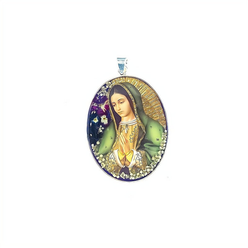 Our Lady Guadalupe Oval Medallion w/ Pressed Flowers 1.9" x 2.4" - Guadalupe Gifts