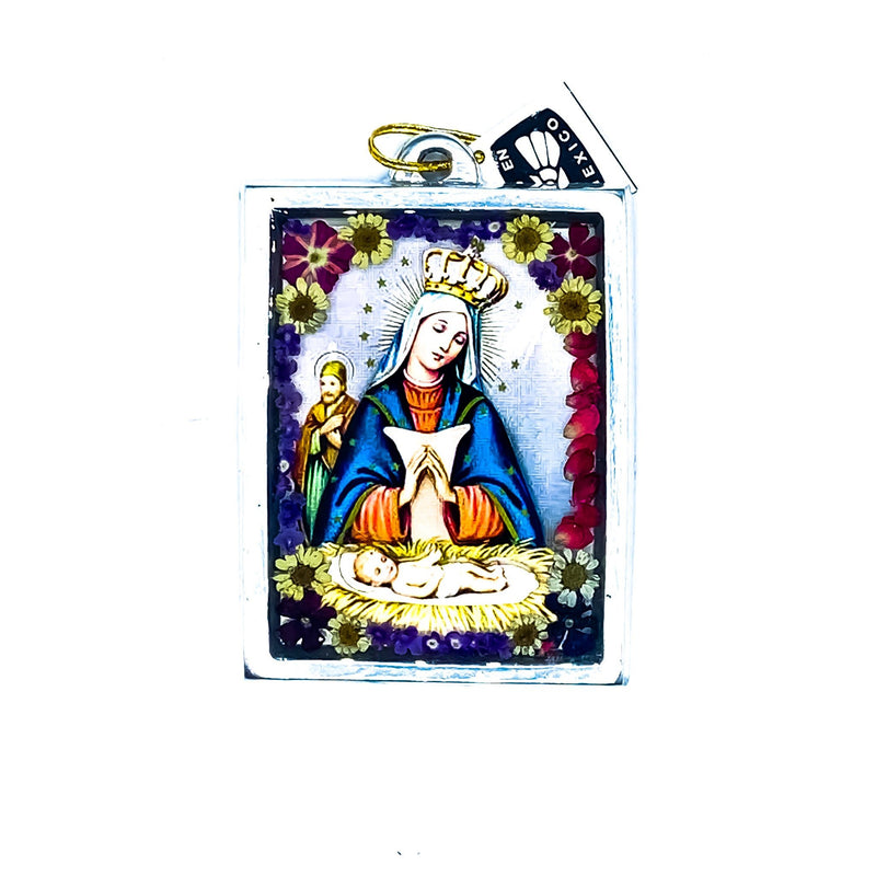 Our Lady of Altagracia Wall Ornament w/ Natural Flowers 4.5" x 3.25" - Guadalupe Gifts