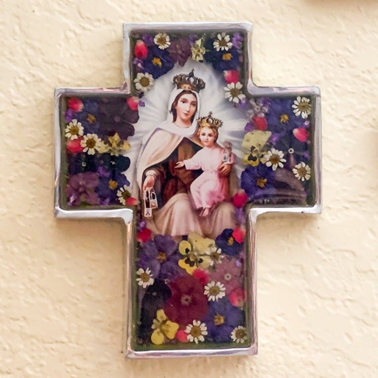 Our Lady of Carmel Wide Wall Cross w/ Pressed Flowers 6.5" - Guadalupe Gifts