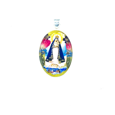 Our Lady of Charity Medium Oval Pendant w/ Pressed Flowers - Guadalupe Gifts