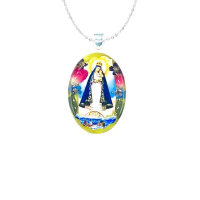 Our Lady of Charity Medium Oval Pendant w/ Pressed Flowers - Guadalupe Gifts
