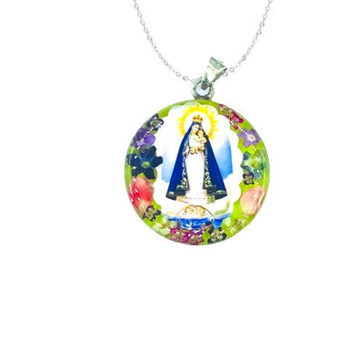 Our Lady of Charity Medium Round Pendant w/ Pressed Flowers - Guadalupe Gifts