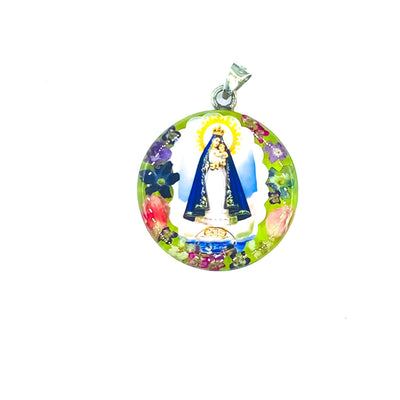 Our Lady of Charity Medium Round Pendant w/ Pressed Flowers - Guadalupe Gifts