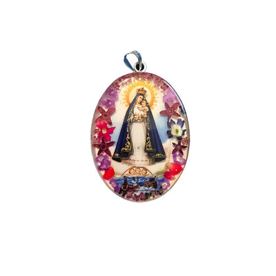 Our Lady of Charity Round Medallion w/ Pressed Flowers 2.4" x 2.4" - Guadalupe Gifts
