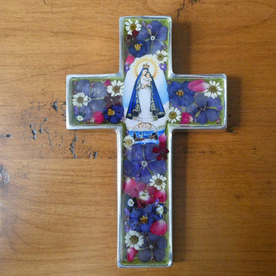 Our Lady of Charity Wall Cross w/ Pressed Flowers 6.5" - Guadalupe Gifts
