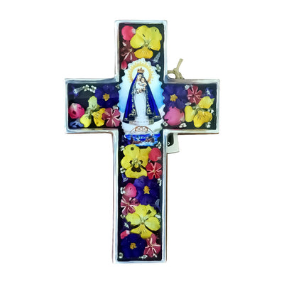 Our Lady of Charity Wall Cross w/ Pressed Flowers 6.5" - Guadalupe Gifts