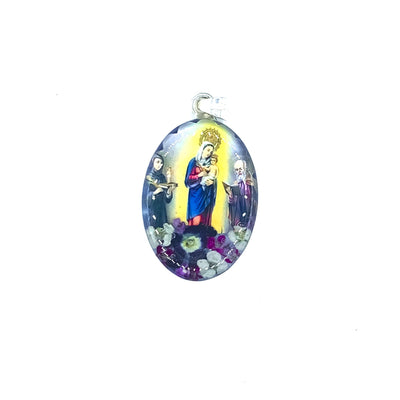 Our Lady of Chiquinquira Medium Oval Pendant w/ Pressed Flowers - Guadalupe Gifts
