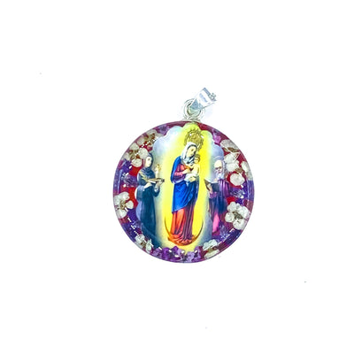 Our Lady of Chiquinquira Medium Round Pendant w/ Pressed Flowers - Guadalupe Gifts