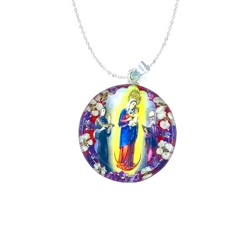 Our Lady of Chiquinquira Medium Round Pendant w/ Pressed Flowers - Guadalupe Gifts