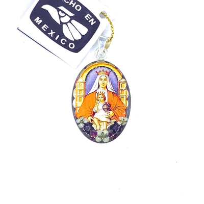 Our Lady of Coromoto Medium Oval Pendant w/ Pressed Flowers - Guadalupe Gifts
