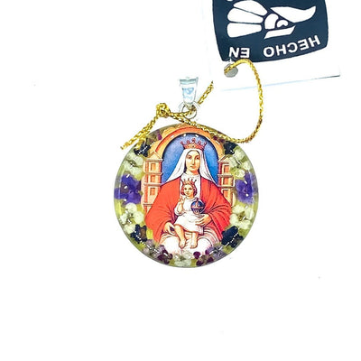 Our Lady of Coromoto Medium Round Pendant w/ Pressed Flower - Guadalupe Gifts