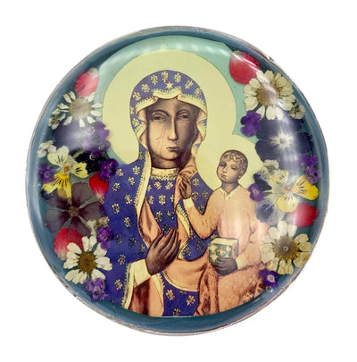 Our Lady of Czestochowa Rosary Box w/ Pressed Flowers 2.9" x 1.5" x 2" - Guadalupe Gifts