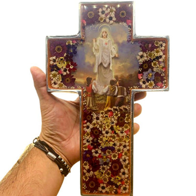 Our Lady of Fatima Grand Wall Cross w/ Pressed Flowers 11" - Guadalupe Gifts