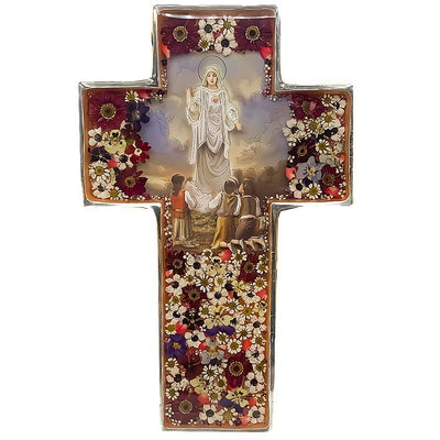 Our Lady of Fatima Grand Wall Cross w/ Pressed Flowers 11" - Guadalupe Gifts