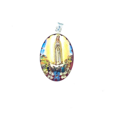 Our Lady of Fatima Large Oval Pendant w/ Pressed Flowers - Guadalupe Gifts