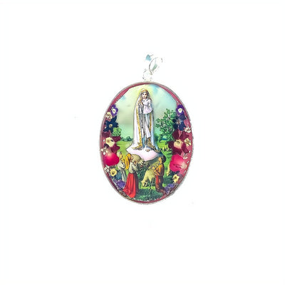 Our Lady of Fatima Oval Medallion w/ Pressed Flowers 1.9" x 2.4" - Guadalupe Gifts