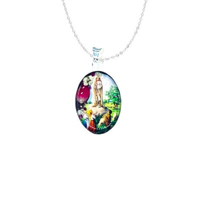 Our Lady of Fatima Small Oval Pendant w/ Pressed Flowers - Guadalupe Gifts