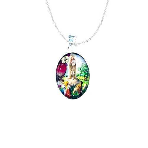 Our Lady of Fatima Small Oval Pendant w/ Pressed Flowers - Guadalupe Gifts