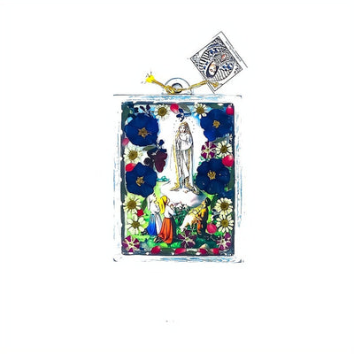 Our Lady of Fatima Square-Shaped Wall Frame w/ Pressed Flowers 4.5" x 3.2" - Guadalupe Gifts