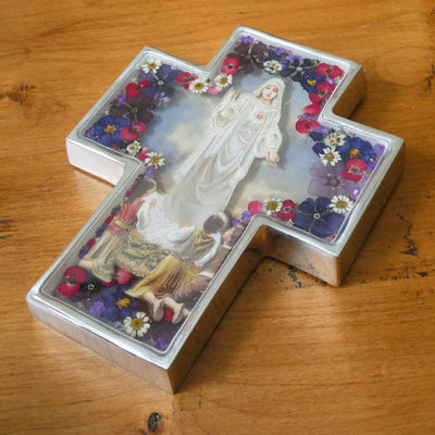 Our Lady of Fatima Wide Wall Cross w/ Pressed Flowers 6.5" - Guadalupe Gifts