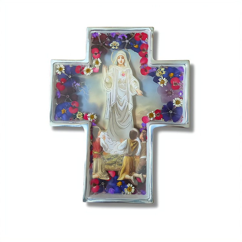 Our Lady of Fatima Wide Wall Cross w/ Pressed Flowers 6.5" - Guadalupe Gifts