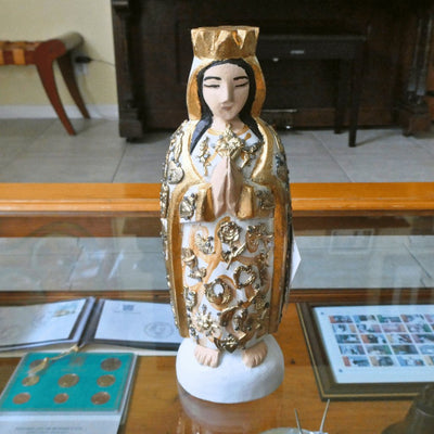 Our Lady of Fatima Wood Statue with Milagros 10" x 3.5" x 2.5" - Guadalupe Gifts