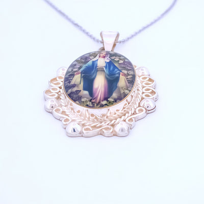 Our Lady of Grace Baroque Necklace w/ Pressed Flowers - Guadalupe Gifts