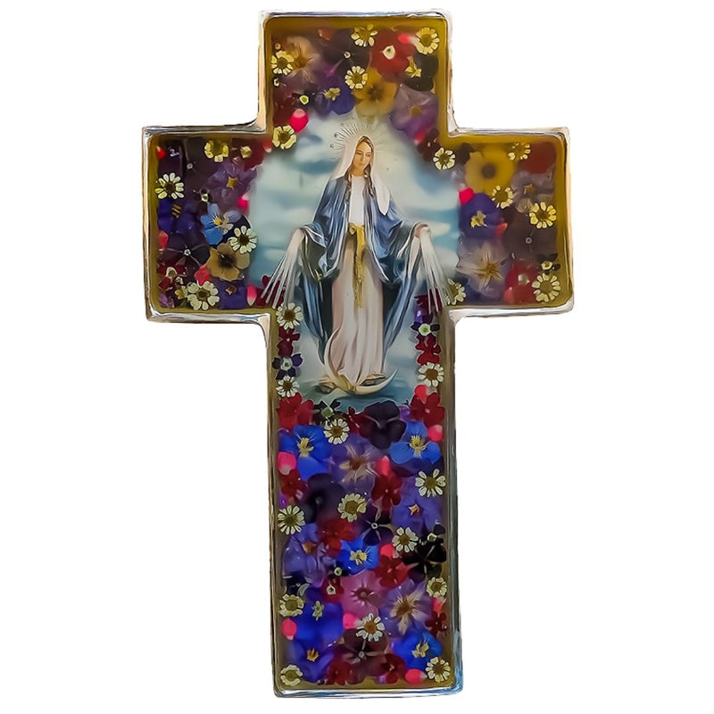 Our Lady of Grace Grand Wall Cross w/ Pressed Flowers 11" - Guadalupe Gifts