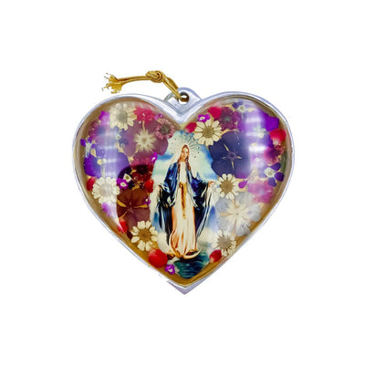 Our Lady of Grace Heart-Shaped Wall Frame w/ Pressed Flowers 3.8" x 3" - Guadalupe Gifts