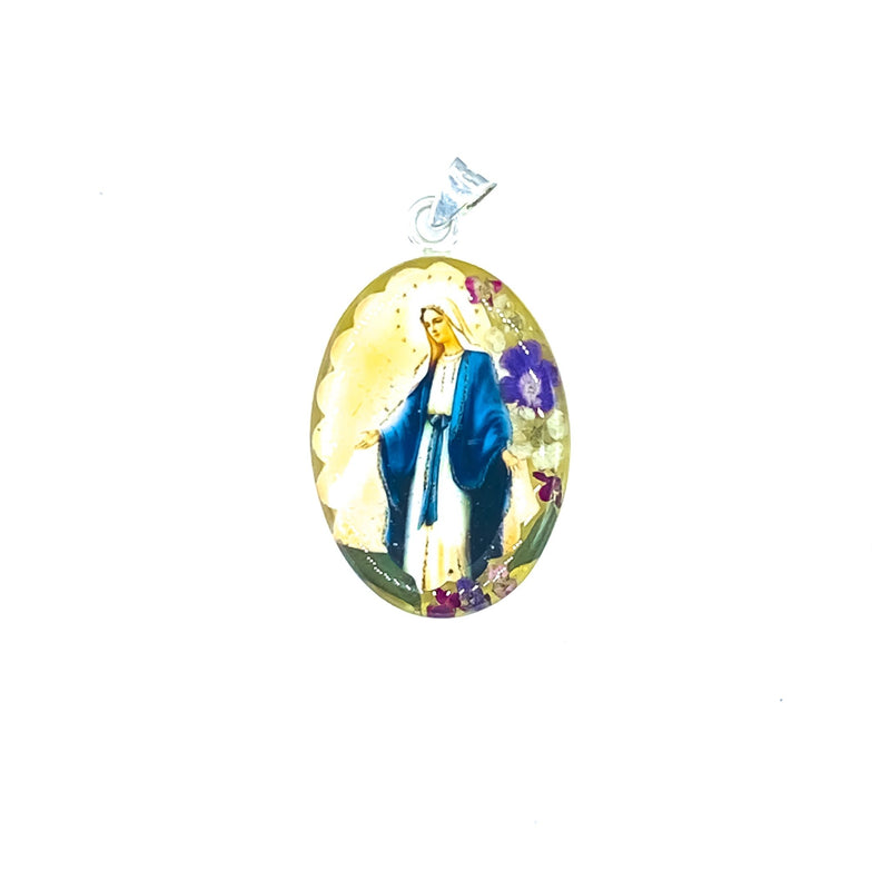 Our Lady of Grace Large Oval Pendant w/ Pressed Flowers - Guadalupe Gifts