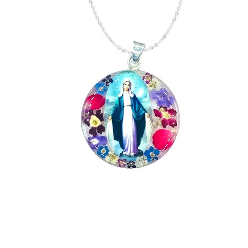 Our Lady of Grace Large Round Pendant w/ Pressed Flowers - Guadalupe Gifts