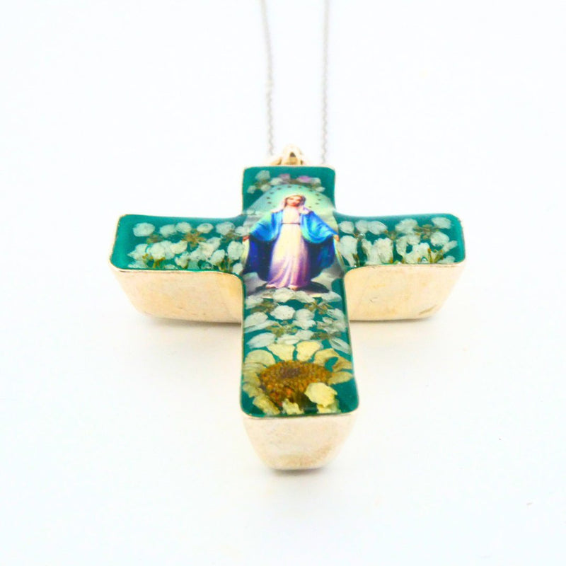 Our Lady of Grace Medium Cross Necklace w/ Pressed Flowers - Guadalupe Gifts