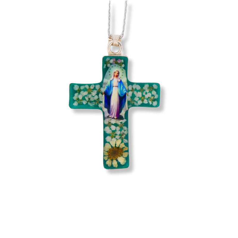 Our Lady of Grace Medium Cross Necklace w/ Pressed Flowers - Guadalupe Gifts