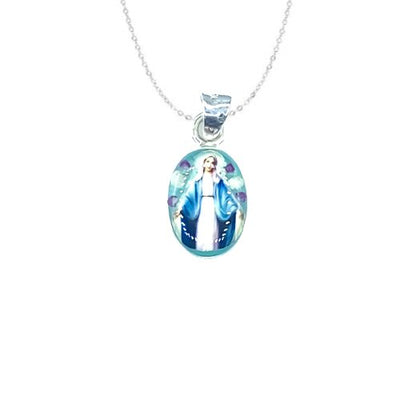 Our Lady of Grace Mini Oval Pendant w/ Pressed Flowers - Guadalupe Gifts