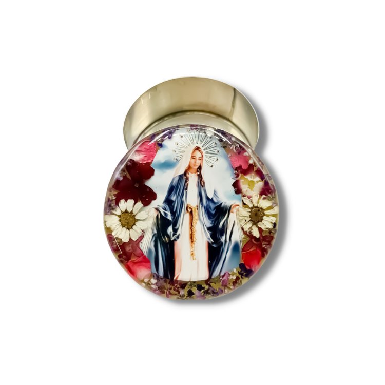 Our Lady of Grace Mini Rosary Box w/ Pressed Flowers 1.5" X 1" - Guadalupe Gifts
