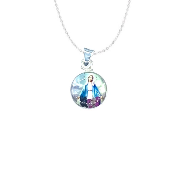 Our Lady of Grace Mini Round Pendant w/ Pressed Flowers - Guadalupe Gifts