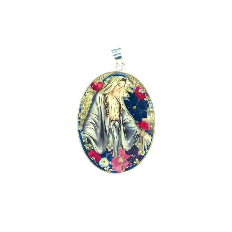 Our Lady of Grace Oval Medallion w/ Pressed Flowers 1.9" x 2.4" - Guadalupe Gifts