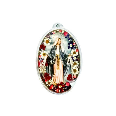 Our Lady of Grace Oval-Shaped Wall Frame w/ Pressed Flowers 4.5" x 3.2" - Guadalupe Gifts