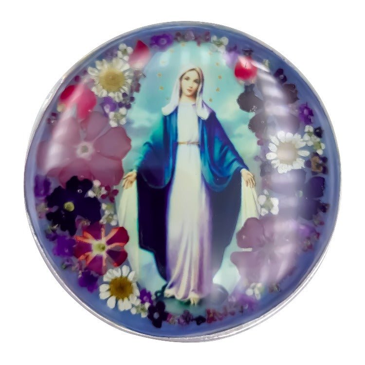 Our Lady of Grace Rosary Box w/ Pressed Flowers 2.9" x 1.5" x 2" - Guadalupe Gifts