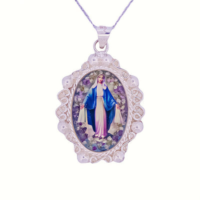 Our Lady of Grace Small Baroque Necklace w/ Pressed Flowers 18-inch - Guadalupe Gifts