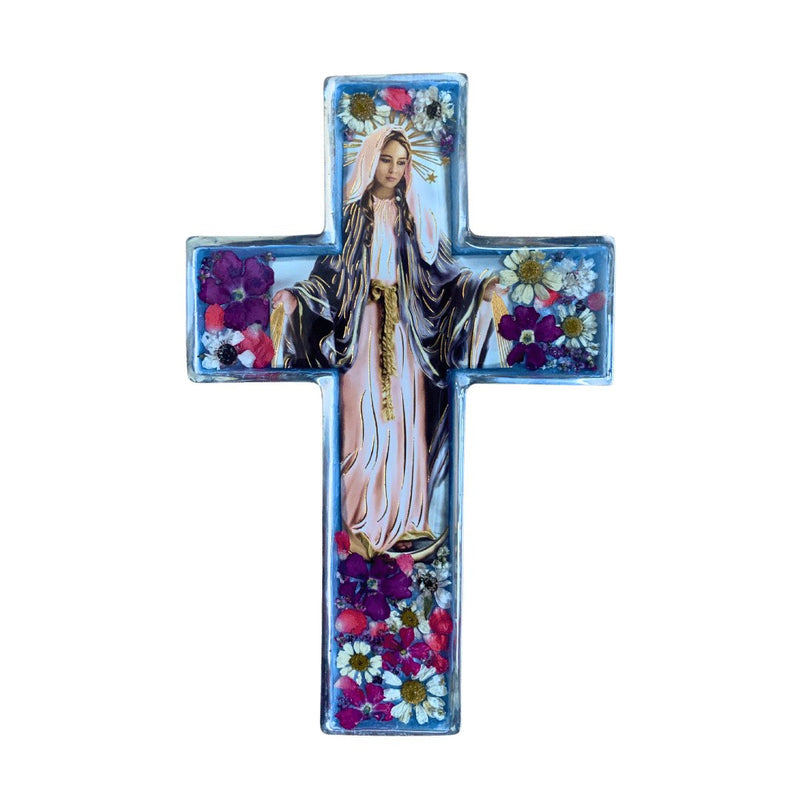 Our Lady of Grace Wall Cross w/ Pressed Flowers 6.5" - Guadalupe Gifts