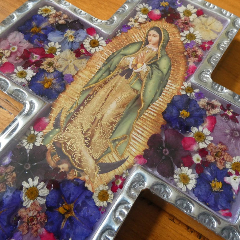 Our Lady of Guadalupe Baroque Wall Cross w/ Pressed Flowers 8.5" - Guadalupe Gifts