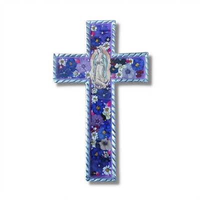 Our Lady of Guadalupe Baroque Wall Large Cross w/ Pressed Flowers 8.5" - Guadalupe Gifts