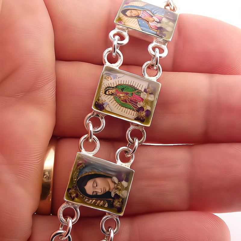 Our Lady of Guadalupe Dainty Charm Bracelet w/ Pressed Flowers - Guadalupe Gifts