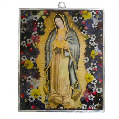 Our Lady of Guadalupe Grand Wall Frame w/ Pressed Flowers 9.5" x 8" - Guadalupe Gifts