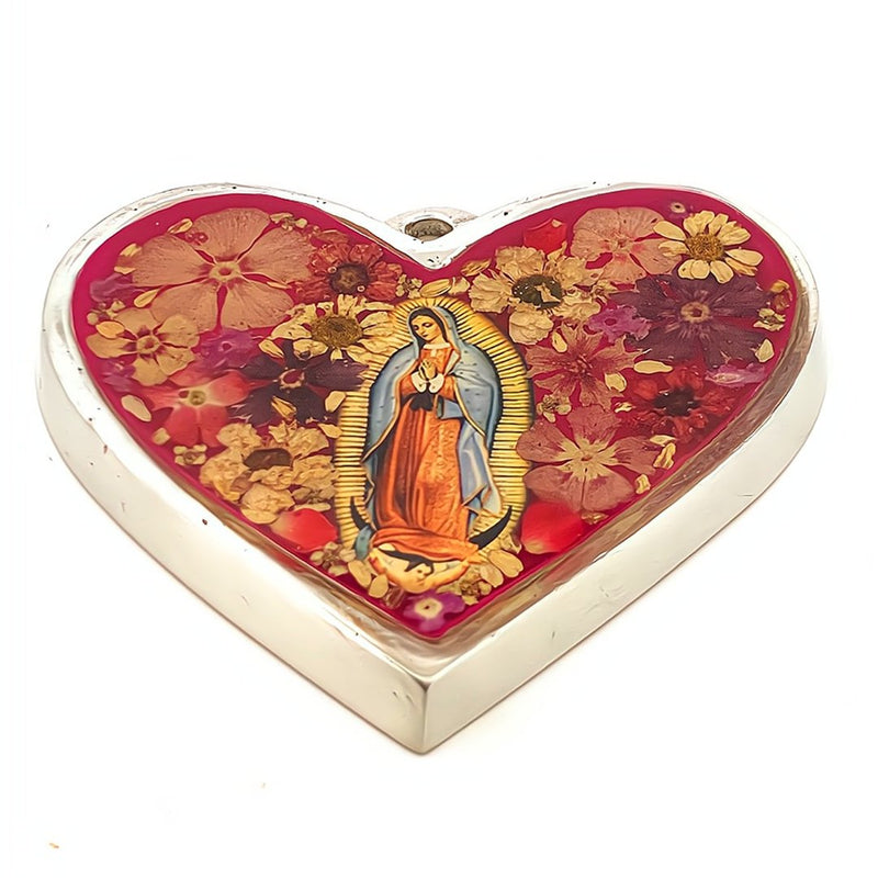Our Lady of Guadalupe Heart-Shaped Small Wall Frame w/ Pressed Flowers 3.2" x 3.0" - Guadalupe Gifts
