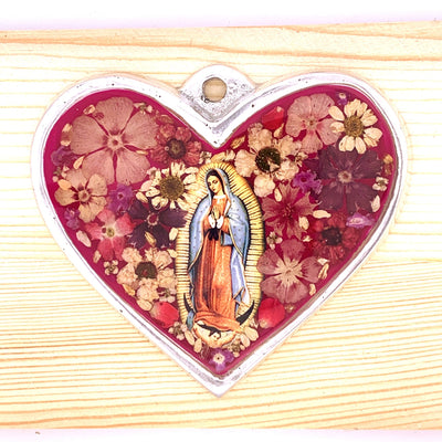 Our Lady of Guadalupe Heart-Shaped Small Wall Frame w/ Pressed Flowers 3.2" x 3.0" - Guadalupe Gifts