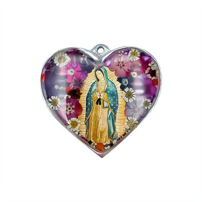 Our Lady of Guadalupe Heart-Shaped Wall Frame w/ Pressed Flowers 3.8"x 3" - Guadalupe Gifts