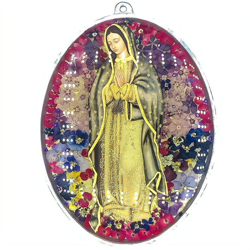 Our Lady of Guadalupe Large Oval Wall Frame w/ Pressed Flowers 9.5" x 7.5" - Guadalupe Gifts
